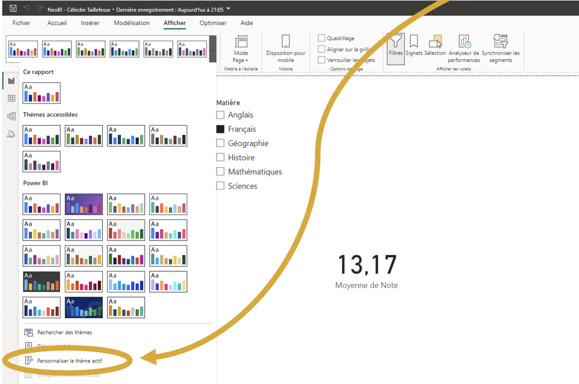 Personnaliser le thème actif Power BI