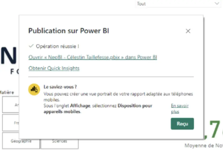 Publication réussie de son rapport Power BI