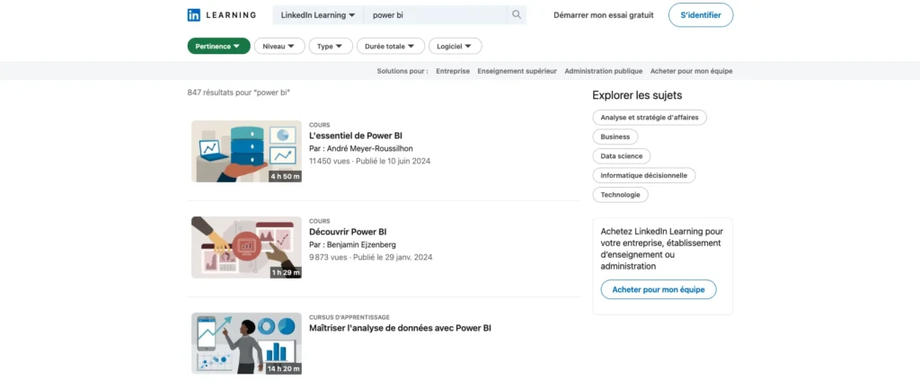 Formations Power BI trouvables sur Linekdin Learning