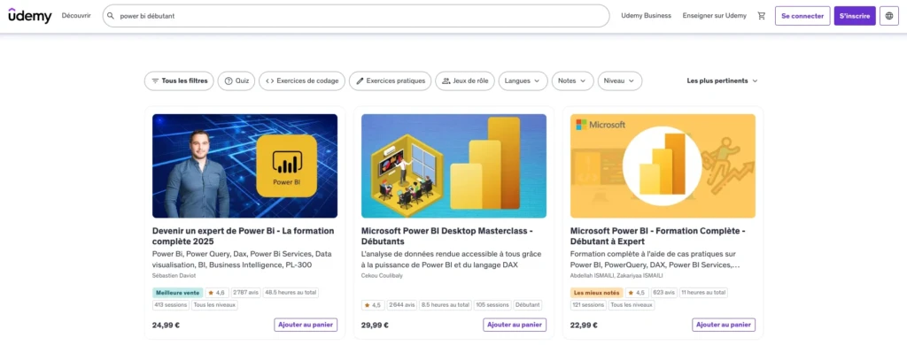 Formations Power BI trouvables sur Udemy