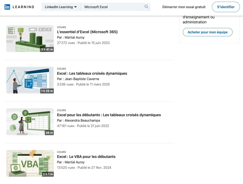 cours excel linkedin learning