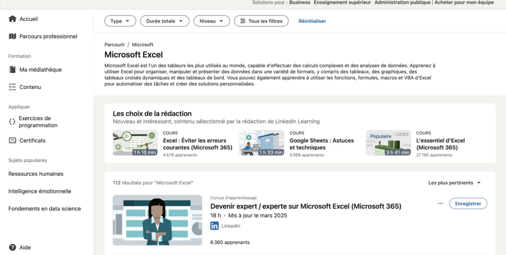 formation excel à distance : linkedin learning