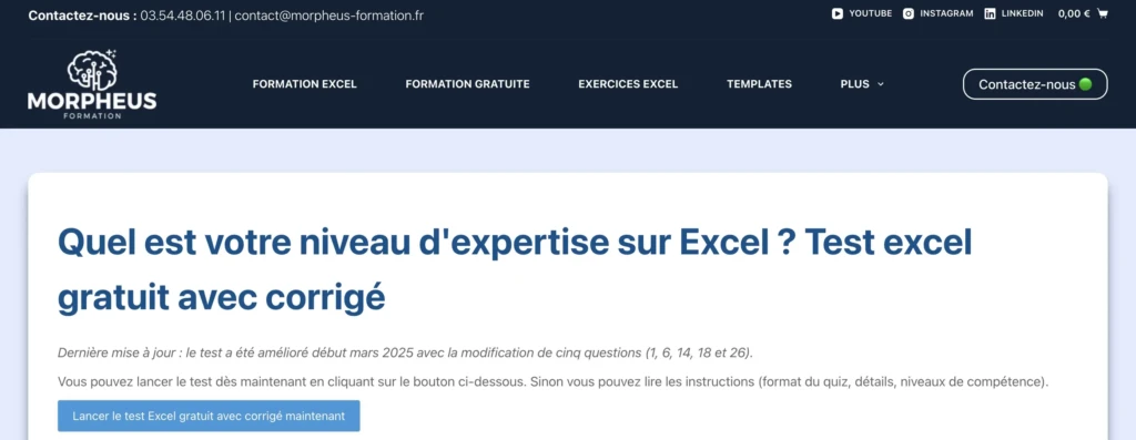 test de niveau sur Excel à distance