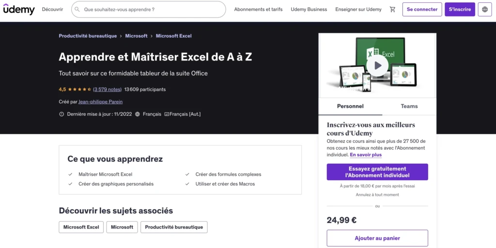 udemy formation excel à distance