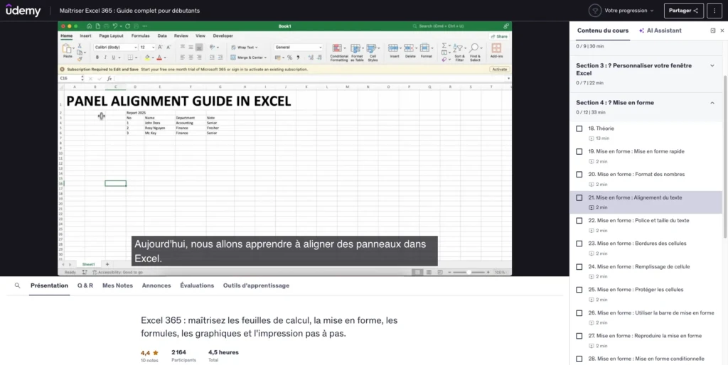 cours à distance excel udemy