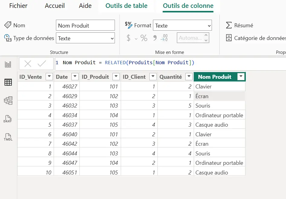Créer une colonne Nom Produit avec RELATED dans Power BI