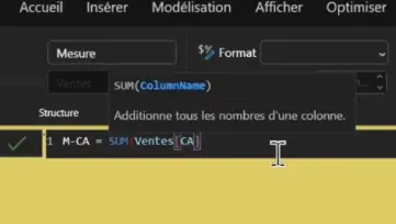 mesure CA avec la fonction du langage DAX SUM()