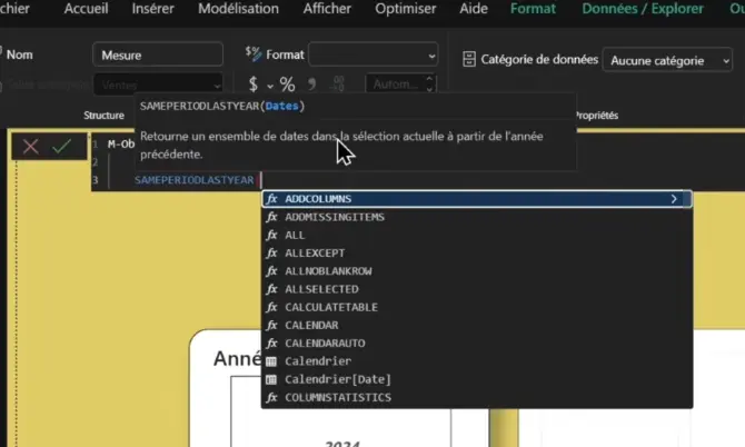 mesure de CA de l’année précédente avec la fonction du langage DAX SAMEPERIODLASTYEAR()