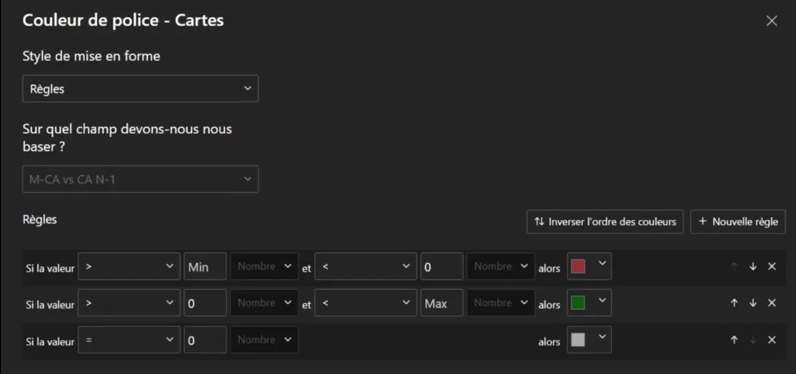 mise en forme conditonnelle couleur cartes en fonction de la valeur dans le fichier Power BI