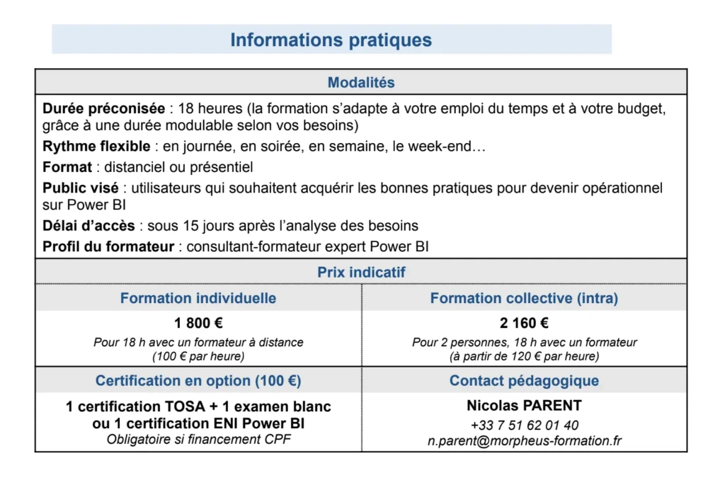 Tarif 18 heures formation power bi