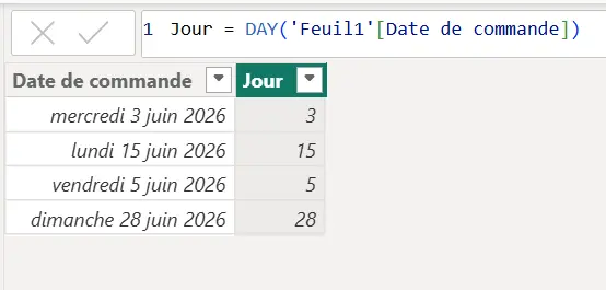 formule DAX DAY extraire jour résultat