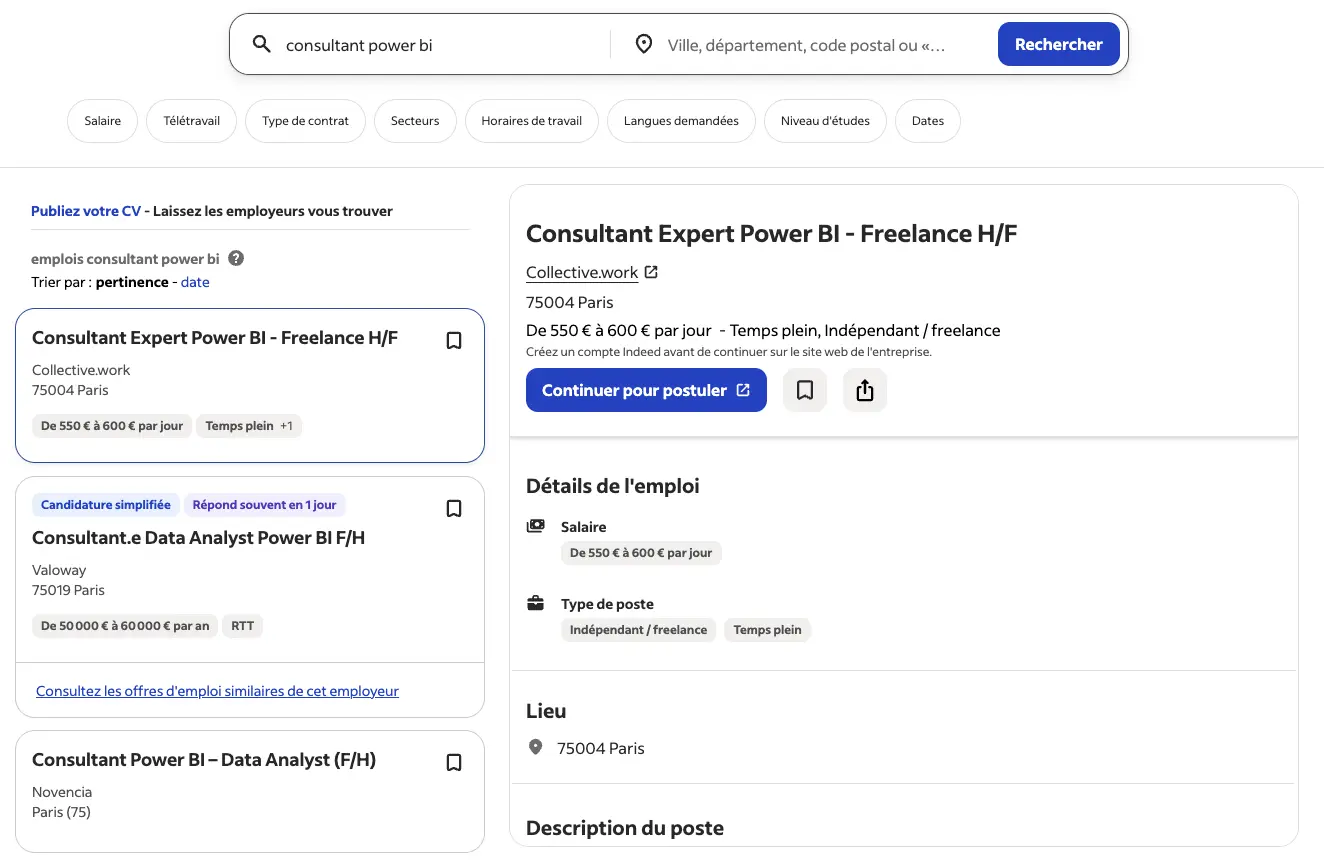 offre consutant power bi en 2026 sur indeed