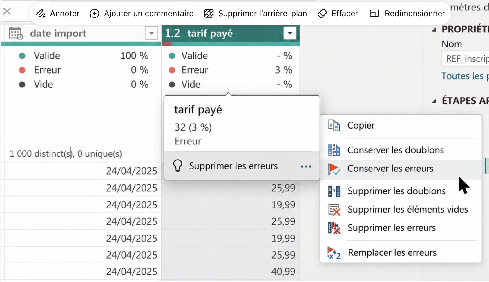 conserver les erreurs power bi