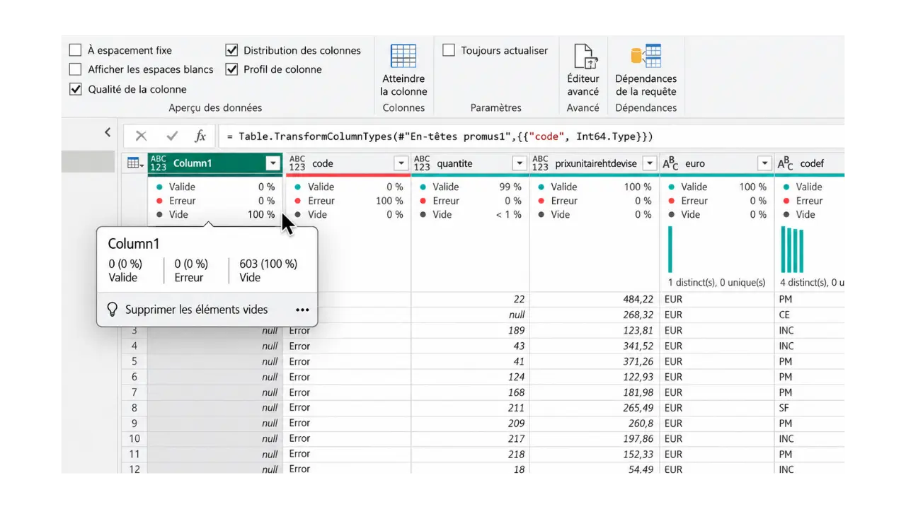 Qualité de la colonne power query