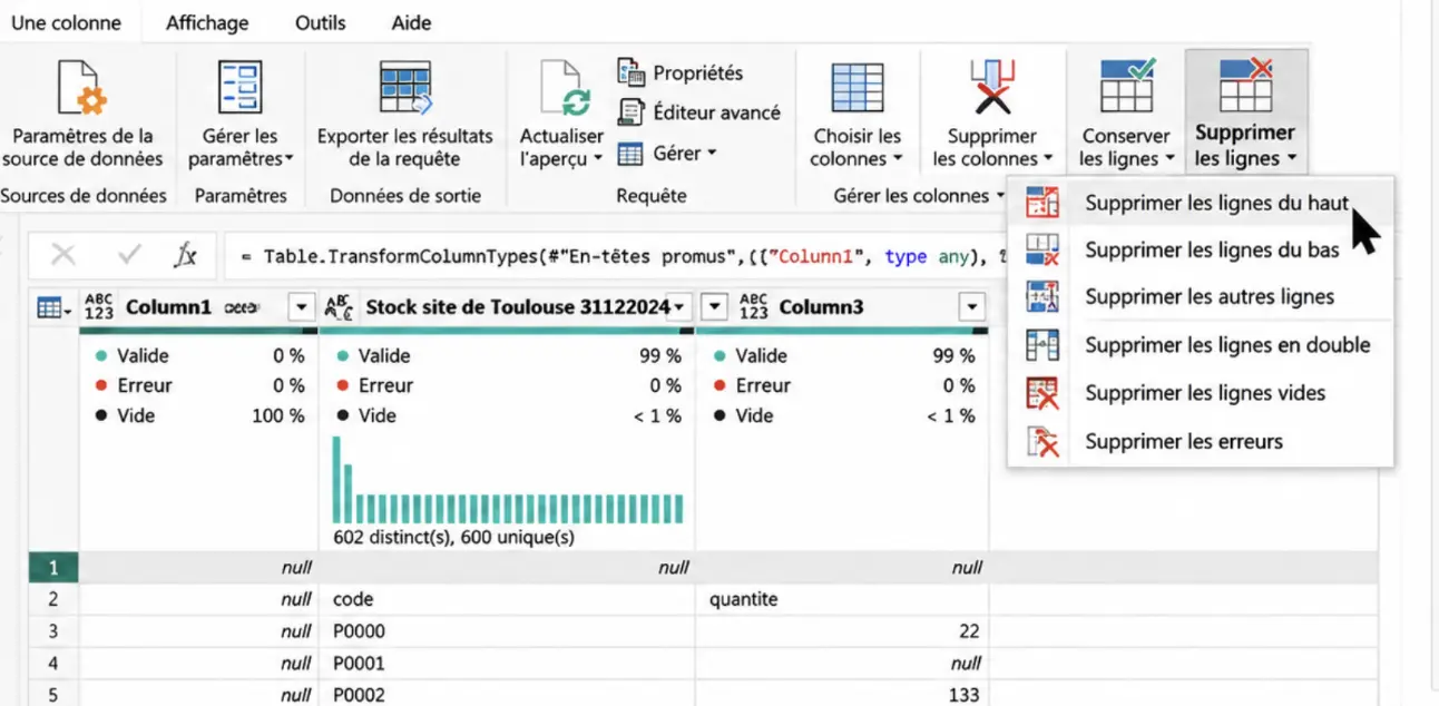 Supprimer les lignes inutiles power bi avec power query